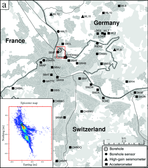 Seismischen Netzwerk zur Überwachung der Deep Heat Mining Projktes in Basel. Einfügung: Karte der Erdbebendichte.
