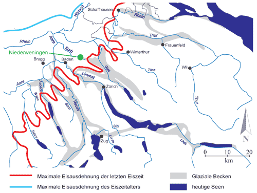 Lage des Untersuchungsgebietes, Verbreitung von glazialen Becken in der Nordschweiz, Maximalstände der letzten Eiszeit (LGM) und der grössten Vergletscherung (Grafik H.R. Graf).