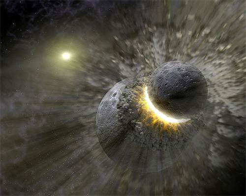 Künstlerische Darstellung einer Kollision von zwei kleineren planetaren Körpern. So könnte sich die Entstehung der Erde abgespielt haben. Quelle: NASA/JPL-Caltech/T. Pyle (SSC/Caltech)